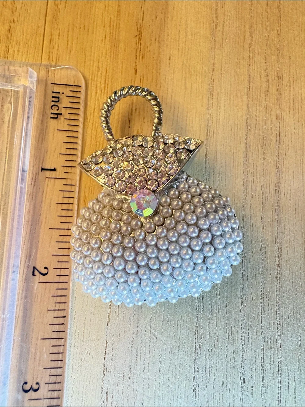 Pearl and Rhinestone Purse Brooch Pin - Silver Crystal Accent